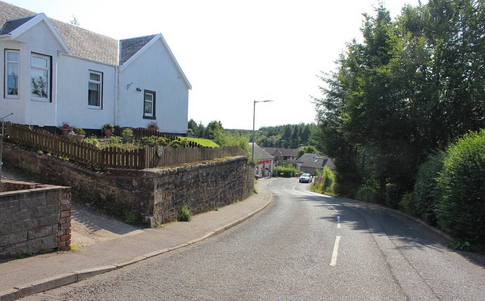 View down Bellfield Road to the shop and Coalburn Brig 